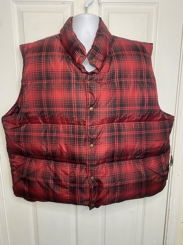 LL Bean Mens XXL TALL Goose Down Puffer Vest Red Plaid Outdoors Packable - Picture 1 of 5