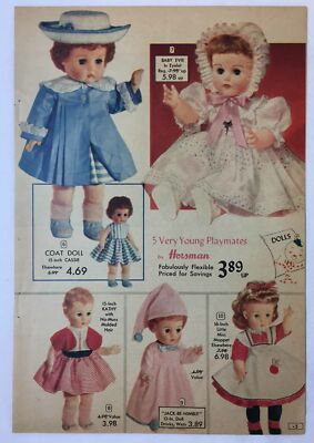 1958 toy catalog ad ~ DOLLS ~ Cassie,Baby Evie,Kathy,Jack Be Nimble,Miss Moppet