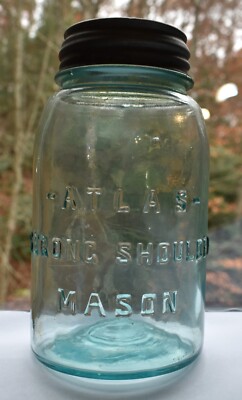 ヴィンテージ ヘーゼルアトラス社製 メイソンジャー アクアブルー 1938 Atlas Stong Shoulder Mason Jar Rare Iridescent Aqua Blue