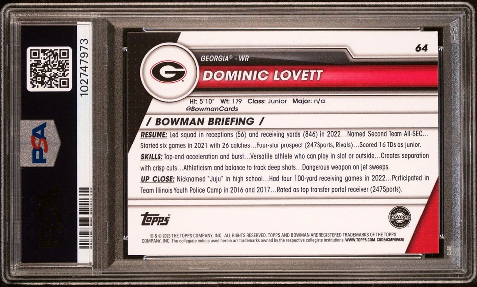 2023 Bowman Chrome Dominic Lovett #64 (ROOKIE) PSA 10 GEM MINT (RARE: Pop 1) - Image 2 of 2