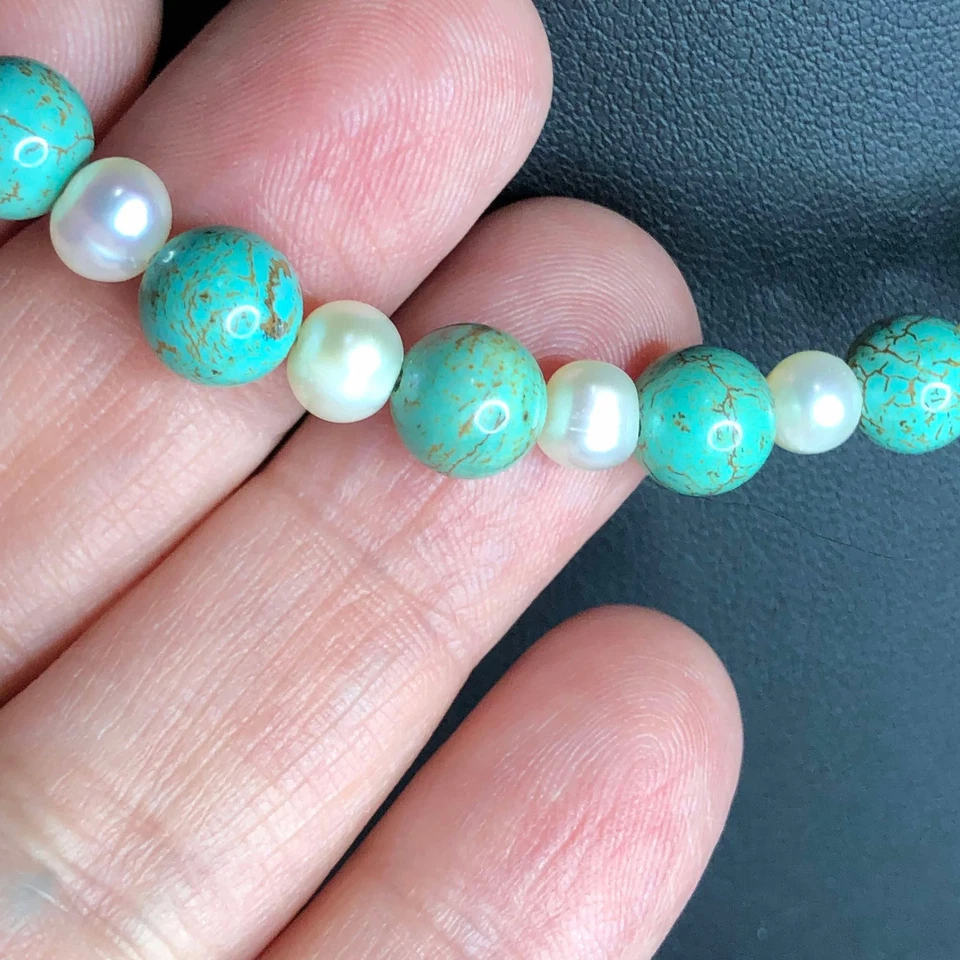 3221 Vntg Sterling silver .925 Genuine pearl & Turquoise necklace 15" 25.9 grams - Image 2 of 3