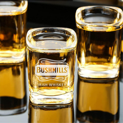 Custom Engraved Bushmills Irish Whiskey Shot Glass   2.2 oz Square Glass