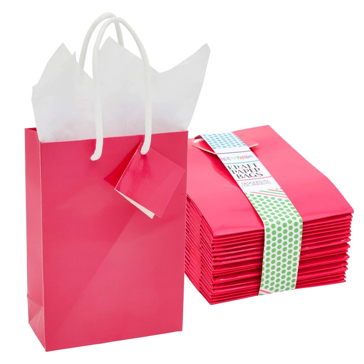 20 Pack Small Paper Bags w Handle & Tissue Paper for Gift Hot Pink  7.9x5.5x2.5”