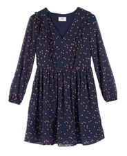 HUSH Frill Chiffon Dress - Size 8 Navy Blue Pink Leaf Print Babydoll Sheer Mini