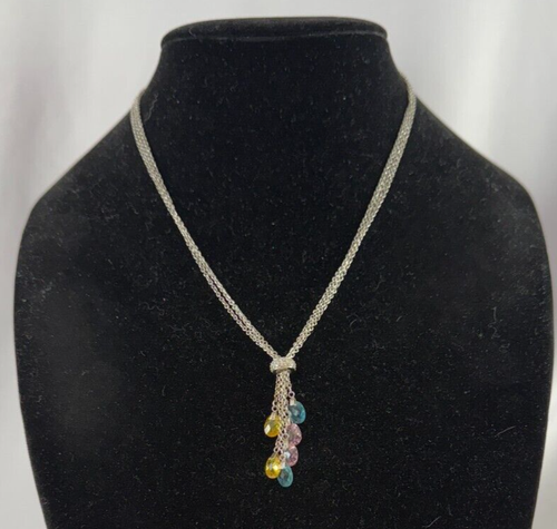 Vtg Sterling Silver 925 Tri Color Briolette Crystals Necklace Blue Pink Yellow - Picture 2 of 9