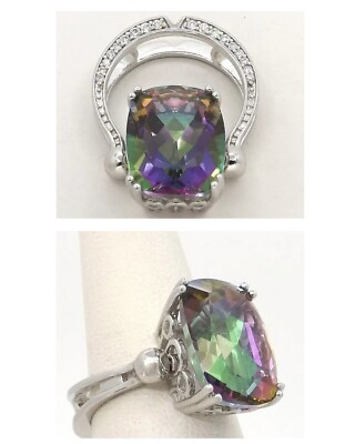Sterling Silver Mystic Quartz cz Secret Ring or Slide Pendant sz8 Reversible New