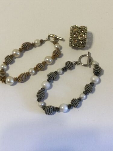 2 Coiled Steel and Pearl Bracelets, 1 Golden Gem Studded Stretch Ring