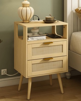 Veegle Rattan Nightstand with 15.75'' W x 11.81'' D x 25.59'' H, Yellow Oak-2d