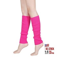 80's Women Knit Leg Warmers Crochet Ribbed Neon Leg Socks for Dance Hot Pink