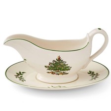 Spode Christmas Tree 9 Oz Gravy Boat & Stand - Festive Stoneware Sauce Boat w...
