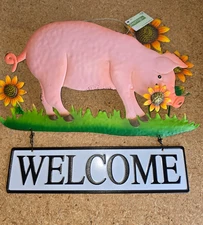 Pig Welcome Sign Metal Wall Decor Sunflowers 15" Tall Yellow Pink Green