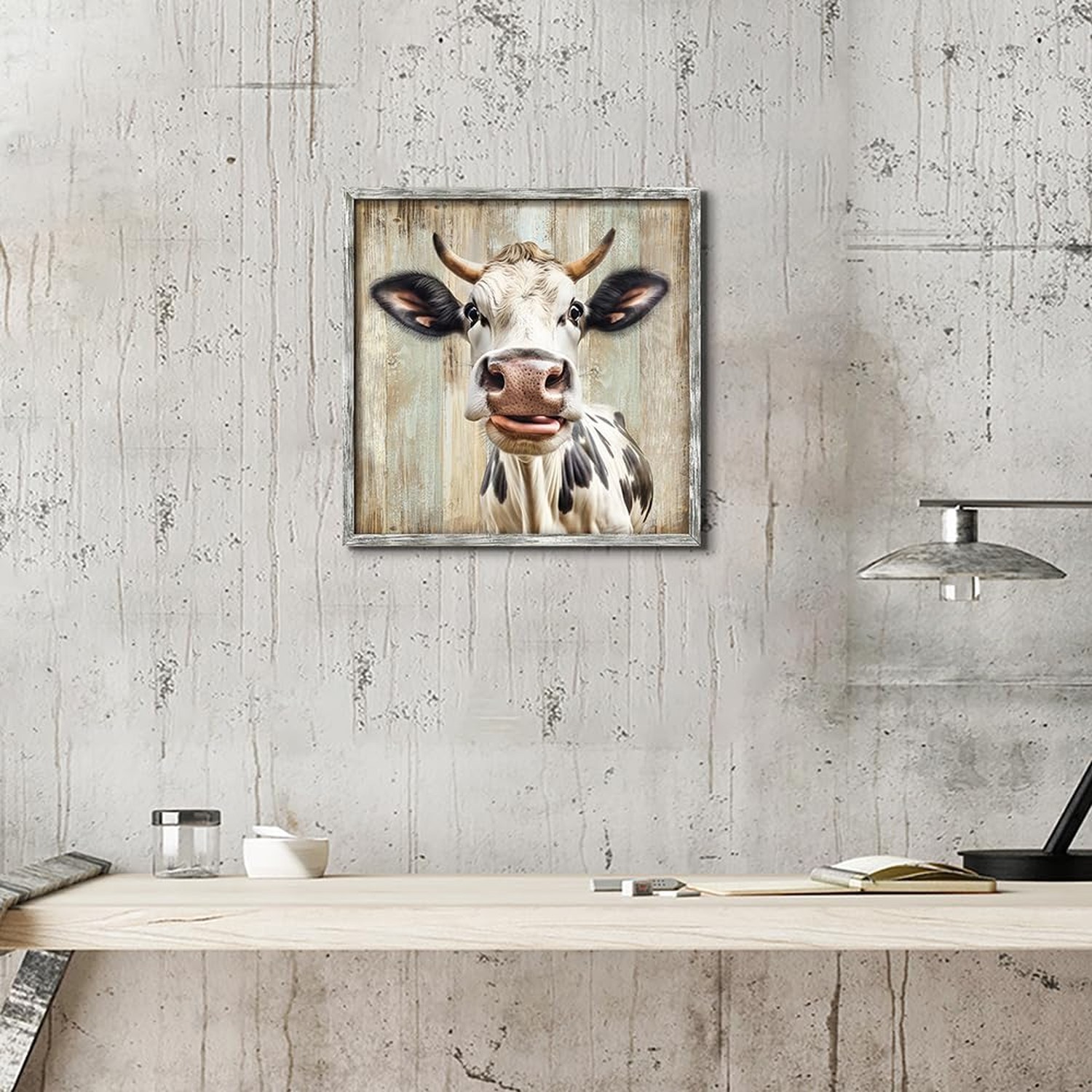 Farm Animal Wood Wall Art: Farmhouse Cow Framed Print Decor Rustic Picture Fu...