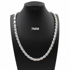 SOLID 925 Sterling Silver 7mm 26" Diamond Cut Rope Chain Necklace Mens Womens