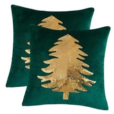 Christmas Pillowcases 18" x 18" Pack of 2 Dark Green Christmas Tree Sequins