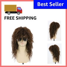 Heat Resistant Long Brown Curly Mullet Wig - Perfect for 80s Halloween Fun
