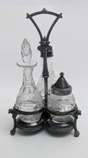 Antique Reed & Barton Silver Plate Condiment Caddy Glass Containers Gargoyle