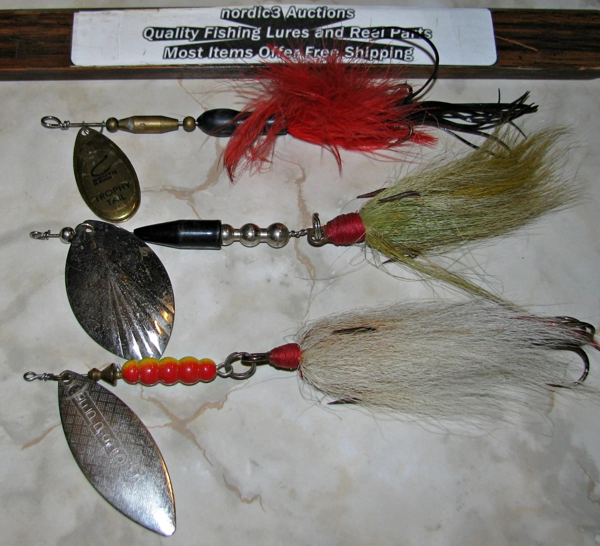 bean antique medal fishing lures SOUTH BEND SURF-ORENO Wood Lure  #963 RW RED WHITE sized tail spinner lure Vintage LL Bean Metal Fishing