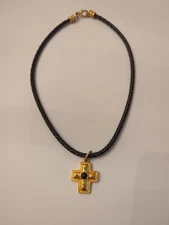 Leslie Block Necklace  Gold Tone Cross Pendant  Black Braided Cord