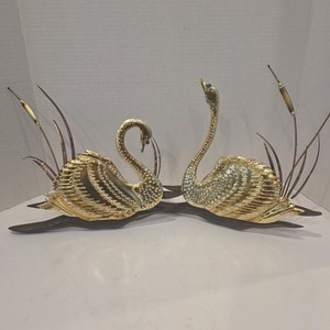 MCM Swan Bird Brass Copper Wall Art Decor Cattails Wood Base Vintage Set Of 2 