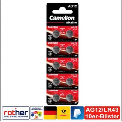 AG12, LR43, 386,186, Knopfzellen Batterien, Alkaline 1,5V, Camelion im 10er-Pack