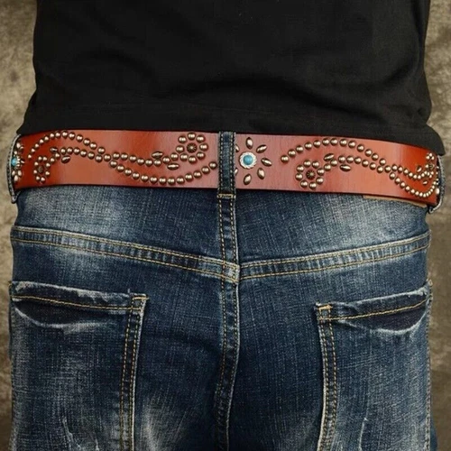 Real Leather Waist Belt Heavy Metal Stone Rivet Studded Unisex Punk Waistband - Picture 17 of 28