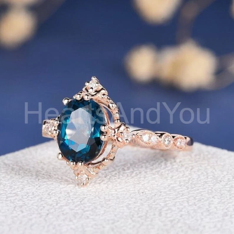 1ct Oval Cut Natural London Blue Topaz & Diamond 100% 14k SOLID Rose Gold Ring - Image 2 of 4