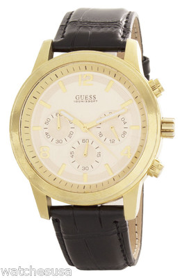 GUESS Mens Champagne Dial Black Leather Strap Chronograph Watch