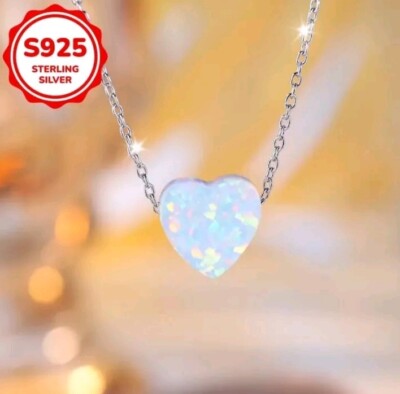 Schlichter 925 Sterling Silber herzförmiger weißer Opal Anhänger Halskette