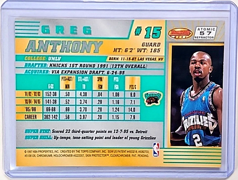 1996 1996-1997 Bowman's Best Atomic Refractor Auto #57 Greg Anthony Autograph - Изображение 2 из 2