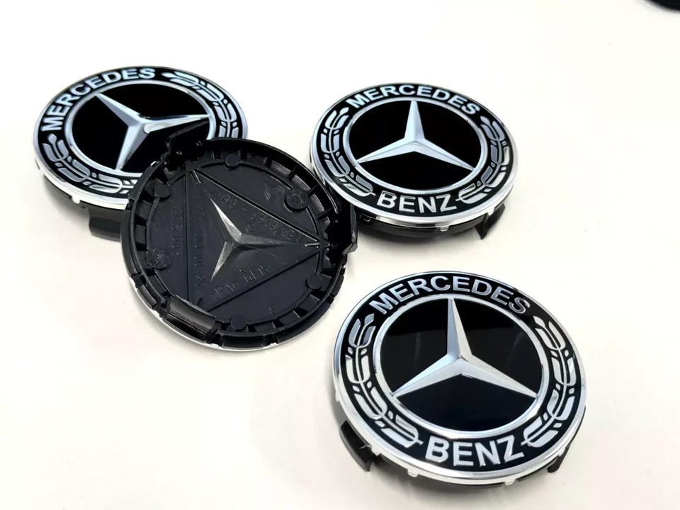 4PC Set For Mercedes-Benz Laurel Wreath Black Wheel Center Hub Caps 75mm - Image 2 of 4