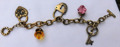 Vintage Toggle Charm Bracelet Padlocks & Key Acrylic Amber beads 8''long Goldtone