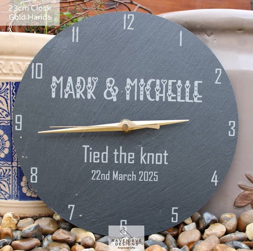 Welsh Slate Engraved Wall Clock Personalised 'Tied The Knot' Battery Included - Picture 4 of 5