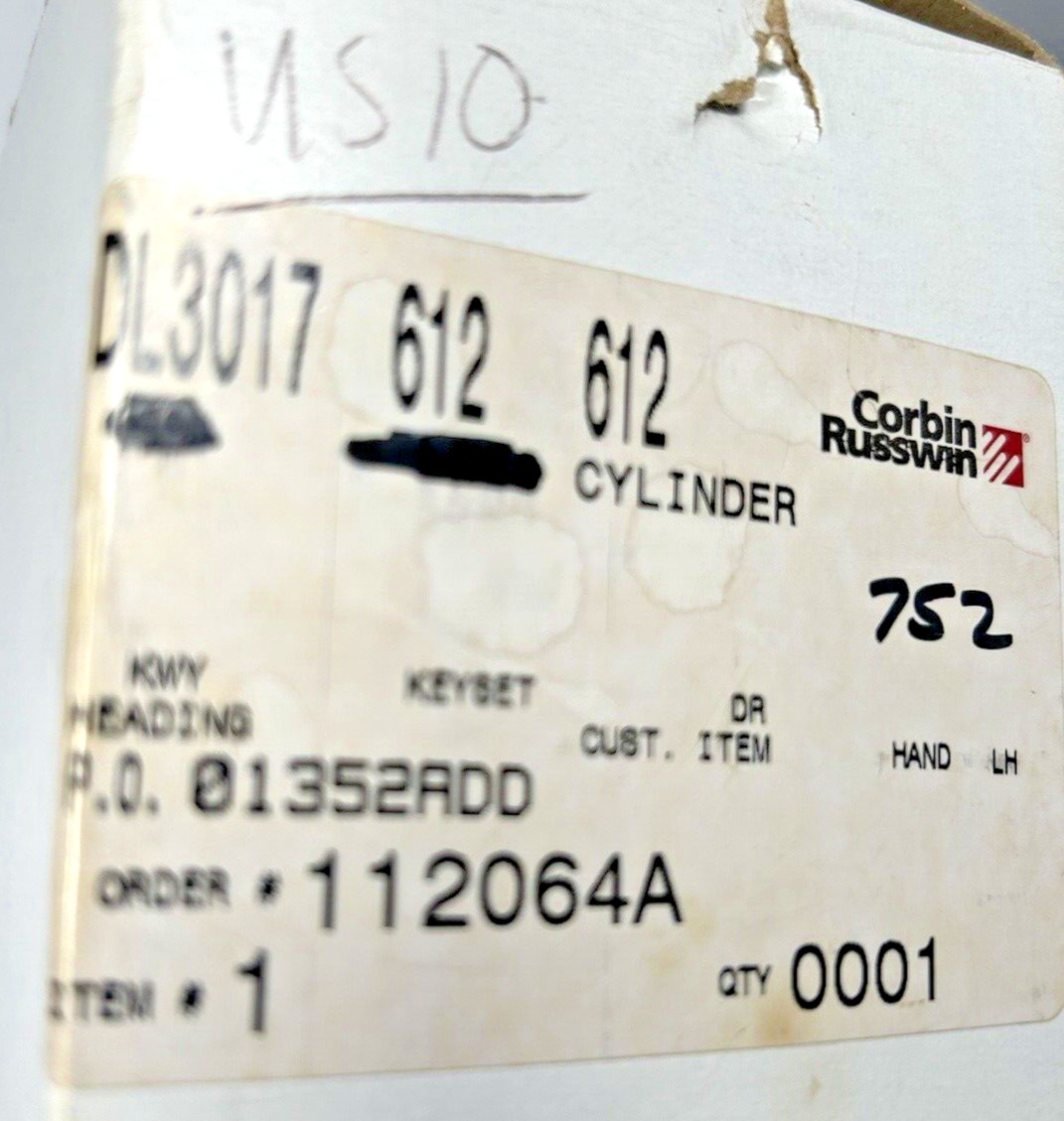 Corbin Russwin DL3017 612 612 LH Cylindrical Deadlock Cylinder