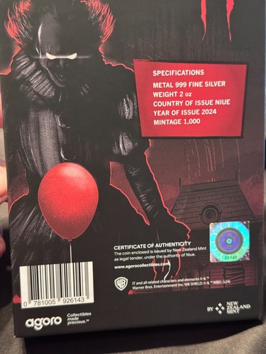Moneta argento limitata Argoro 2024 Warner Bros IT Pennywise 2 oz .999 conio 1000 - Foto 4 di 7