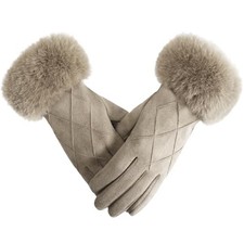 Women's Winter Suede Gloves with Fur Cuffs, Soft, Warm, Touchscreen, Beige 2025