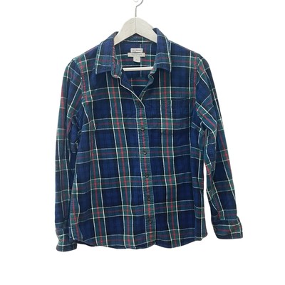 L.L. Bean Women s Blue Scotch Plaid Slightly Fitted Flannel Button Down Sz PM