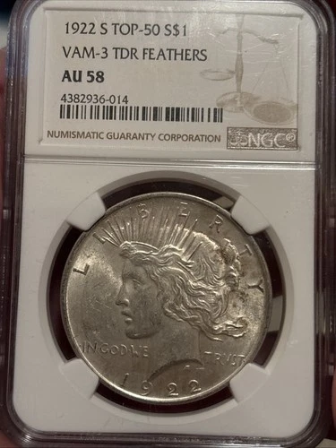 1922 S Silver Peace Dollar 🇺🇸 NGC AU58 Top 50 VAM 3 TDR Feathers 🔥
