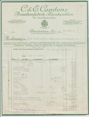 Rechnung 1935 Blankenhain/Thür. C & E Carstens Porzellanfabrik Weimaer Porzellan