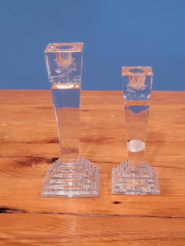 Varga Pair Set of 2 Art Crystal Candle Stick Holders Leaf Butterfly Pattern - Picture 2 of 16