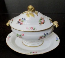 Old Paris Porcelain sauce tureen hand painted rose bouquets 19th century antique