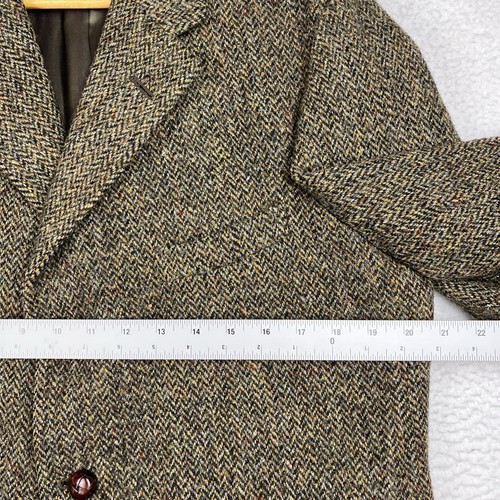 Vintage 70s Harris Tweed Scottish Wool Blazer Jacket Herringbone Leather Buttons - Picture 3 of 9