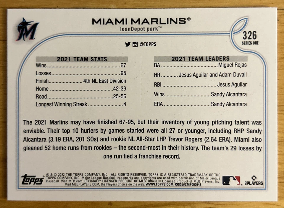 2022 Topps Series 1 Miami Marlins Team Leaders Miguel Rojas Jesus Aguilar 326 NM - Image 2 of 2