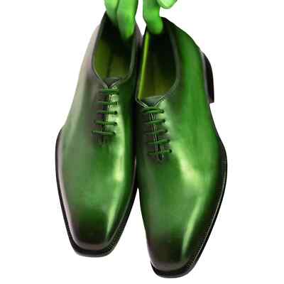 Handmade Mens Green Leather Oxford Dress Shoes Lace Up