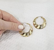 New Polished Gold Tone Pale Yellow Enamel Inset Openwork Double Hoop Earrings