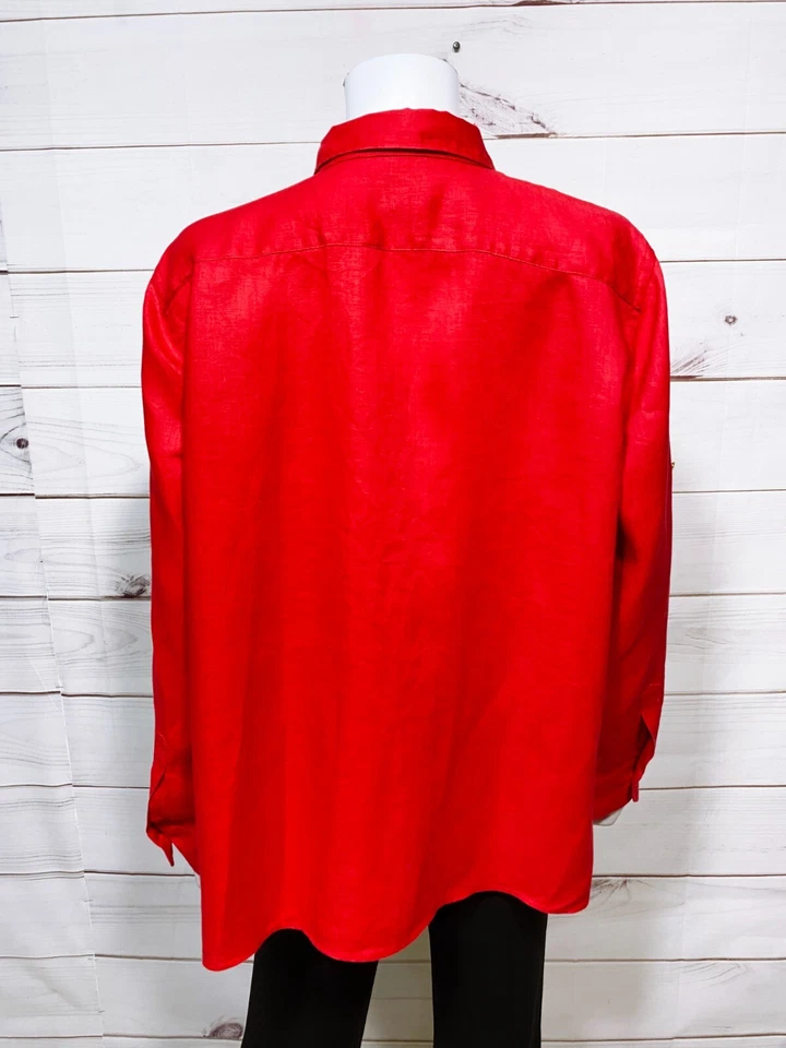 Camisa Chaps Classics para mujer talla 1X roja abotonada manga larga 100 % lino Foto 4 de 4