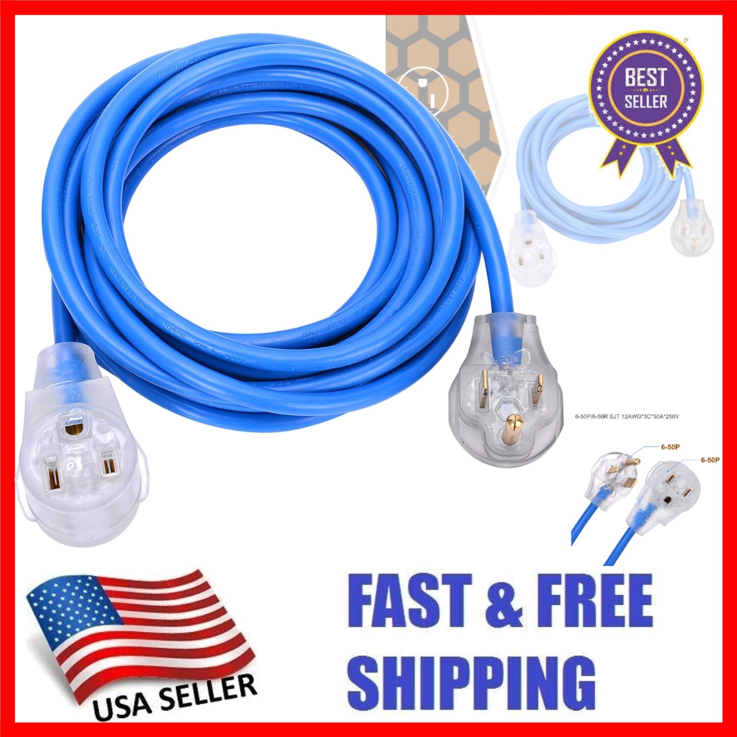 Heavy-Duty 25ft Welder Extension Cord with 6-50 Nema R Plug - ETL Approved