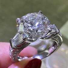 5.24 TCW Round Cut Moissanite Three Stone Engagement Ring 14K White Gold Plated