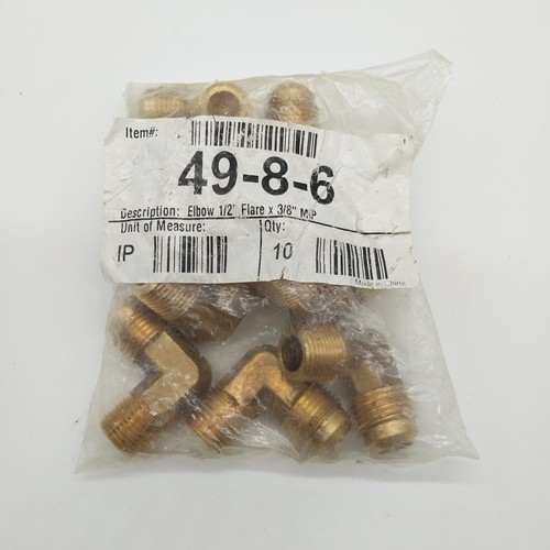10 Pack Brass 90-Degree Elbow Fitting 1/2" Flare x 3/8 MIP 49-8-6 New in Package