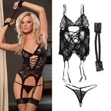 Women Sexy Lingerie Nightwear Sleepwear Underwear Fishnet Set Black