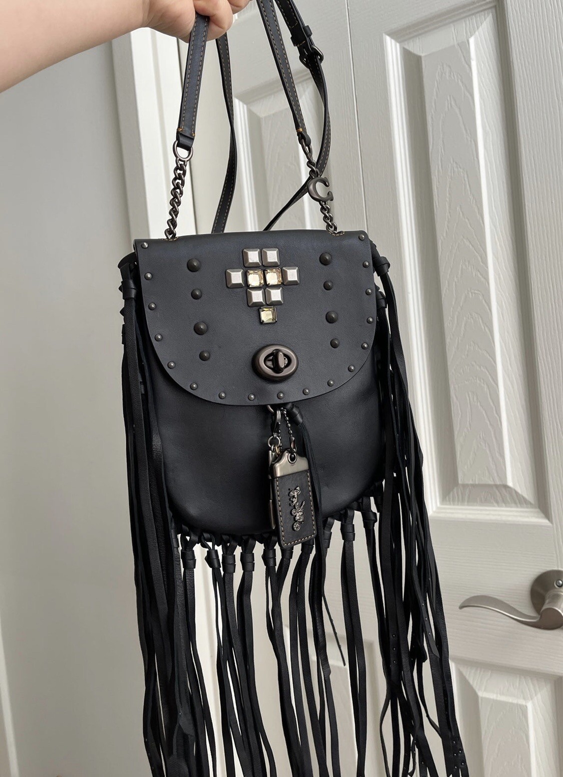COACH Fringe Saddle Bag With Pyramid Rivets Black Pre… Gem